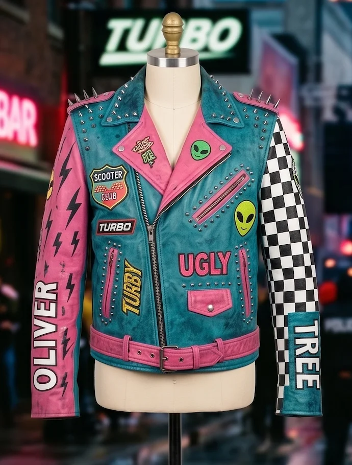 Oliver Tree Scooter Club Pink & Teal Leather Biker Jacket - Image 2