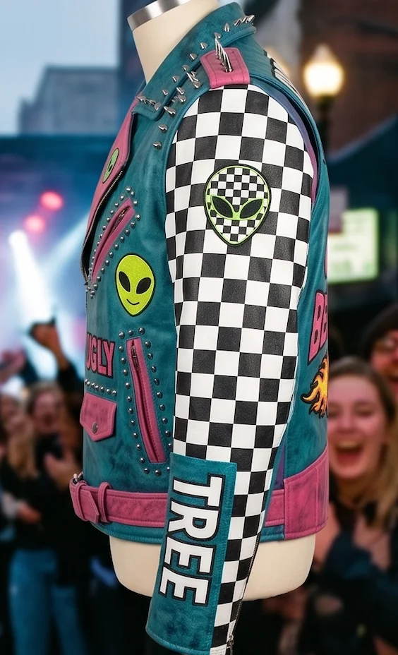 Oliver Tree Scooter Club Pink & Teal Leather Biker Jacket - Image 6