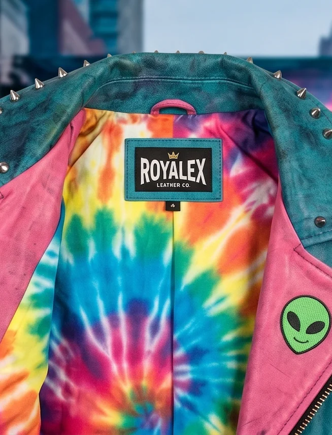Oliver Tree Scooter Club Pink & Teal Leather Biker Jacket - Image 4