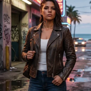GTA VI Lucia Distressed Brown Leather Biker Jacket – Women's Vintage Real Leather Motorcycle Jacket
