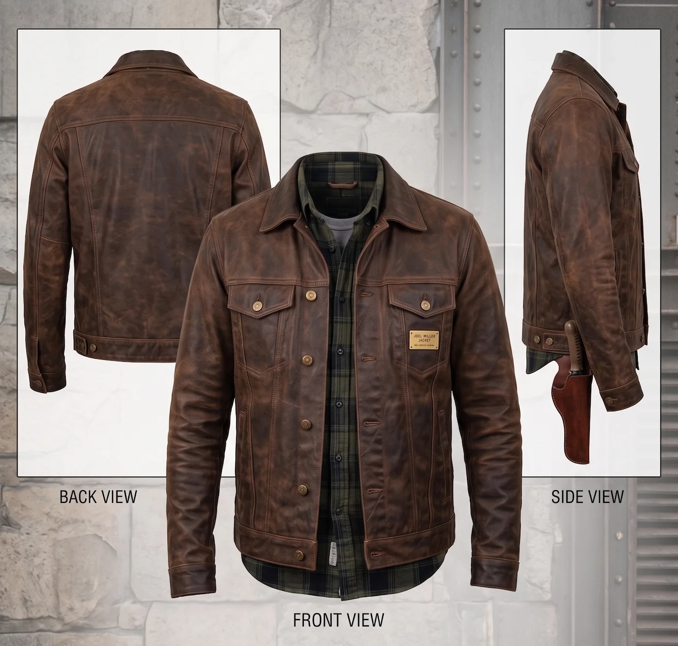 Joel Miller Leather Jacket - Distressed Brown Waxed Leather Trucker Jacket - Image 5