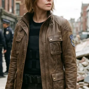 Jill Valentine Brown Tactical Leather Jacket – Resident Evil Inspired Women’s Field Coat