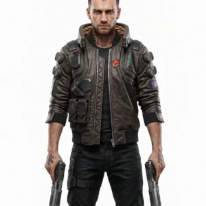 V Cyberpunk 2077 Real Leather Jacket – Brown Bomber Jacket with Samurai Back Logo