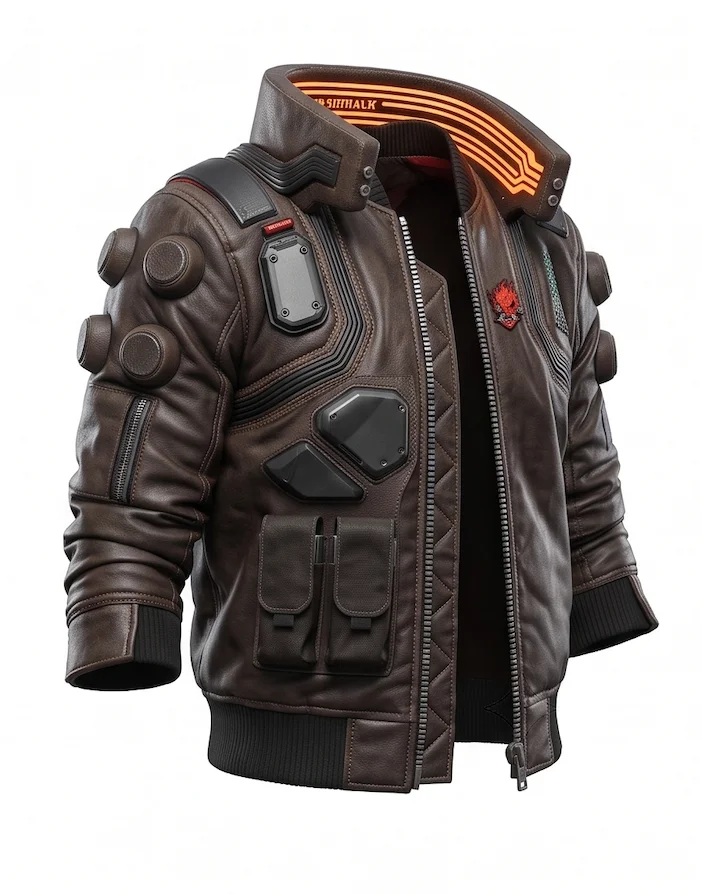 V Cyberpunk 2077 Real Leather Jacket – Brown Bomber Jacket with Samurai Back Logo - Image 2