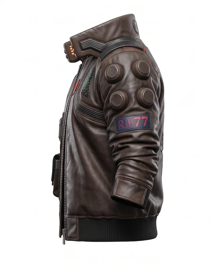 V Cyberpunk 2077 Real Leather Jacket – Brown Bomber Jacket with Samurai Back Logo - Image 5