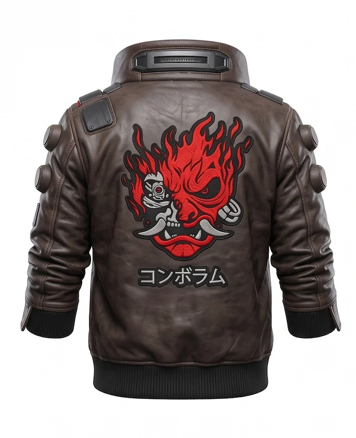 V Cyberpunk 2077 Real Leather Jacket – Brown Bomber Jacket with Samurai Back Logo - Image 3