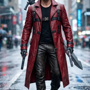 Men's Dante Crimson Red Leather Trench Coat – Devil May Cry Cosplay Long Jacket