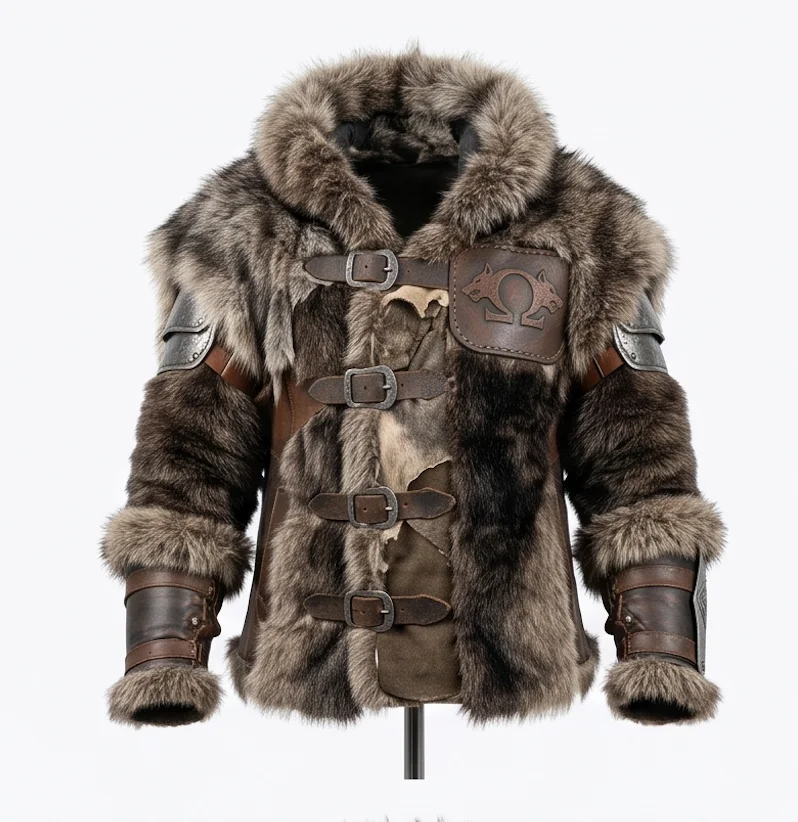 Men’s Kratos Leather & Fur Coat – Norse God Outerwear Jacket - Image 2