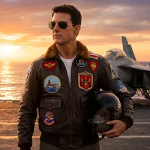 Men’s Top Gun Maverick Dark Brown Leather Bomber Jacket with Patches