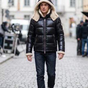 Men’s Boed Hooded Shearling-Trimmed Short Down Jacket – Glossy Black Puffer Coat