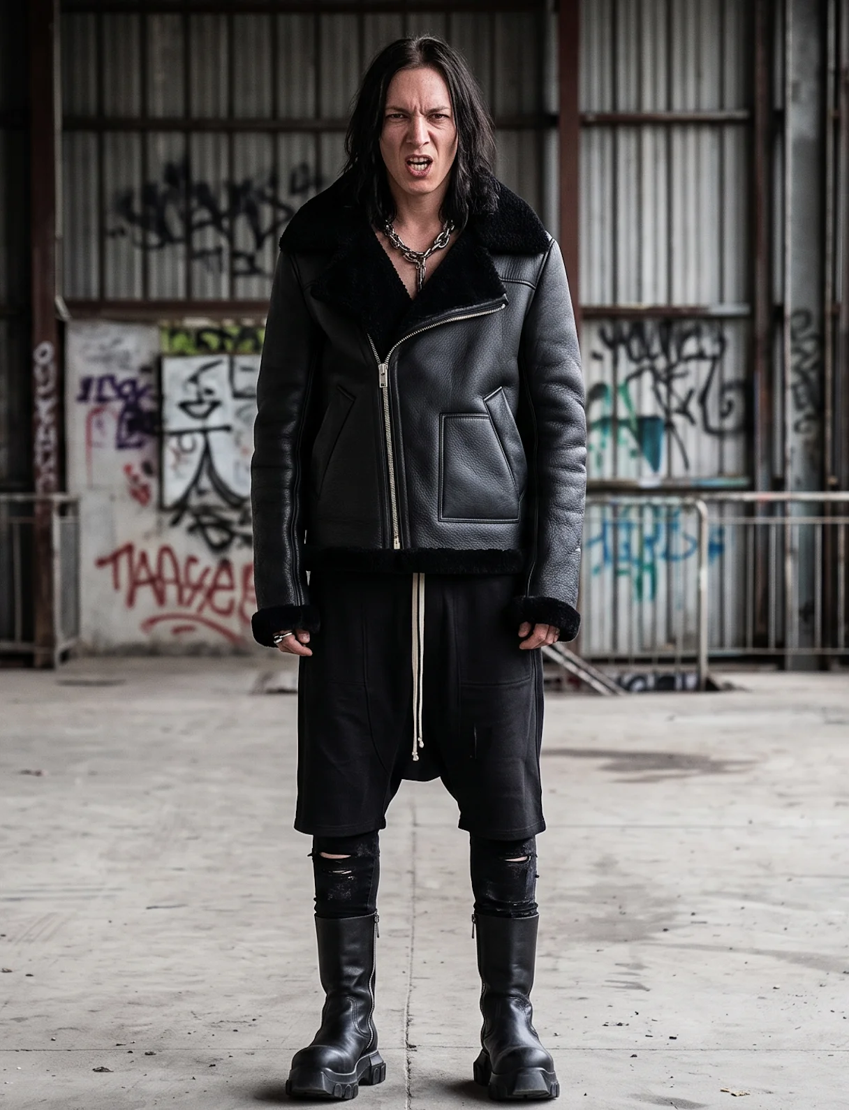Men’s Heavyweight Shearling Leather Biker Jacket in Black