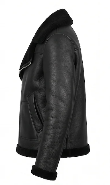 Men’s Heavyweight Shearling Leather Biker Jacket in Black - Image 2