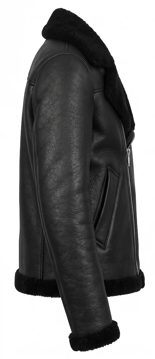 Men’s Heavyweight Shearling Leather Biker Jacket in Black - Image 6