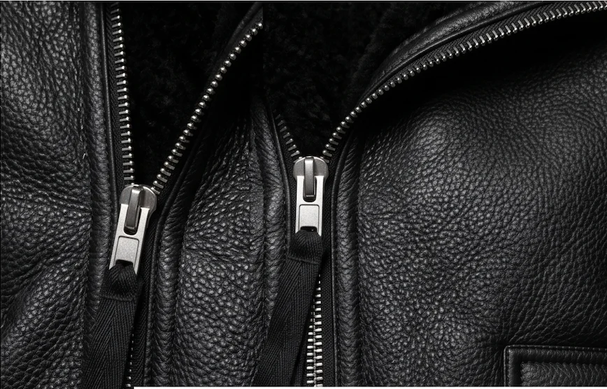 Men’s Heavyweight Shearling Leather Biker Jacket in Black - Image 4