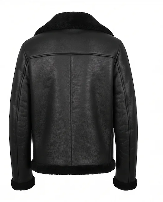 Men’s Heavyweight Shearling Leather Biker Jacket in Black - Image 3