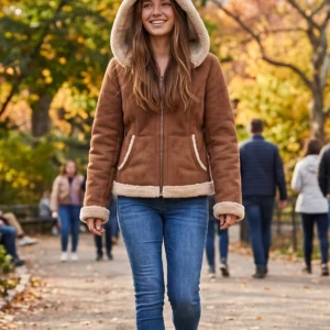 Women’s Faux Shearling Hooded Jacket – Winter Suede Fleece Lined Warm Coat