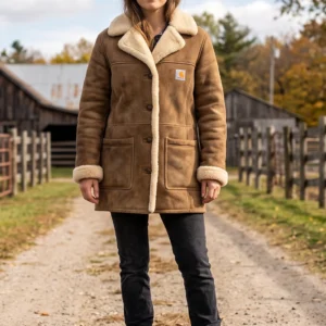 Women’s Vintage Brown Suede Shearling Coat – Mid-Length Leather Jacket