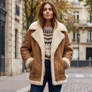 Women’s Caramel Suede Shearling Aviator Jacket