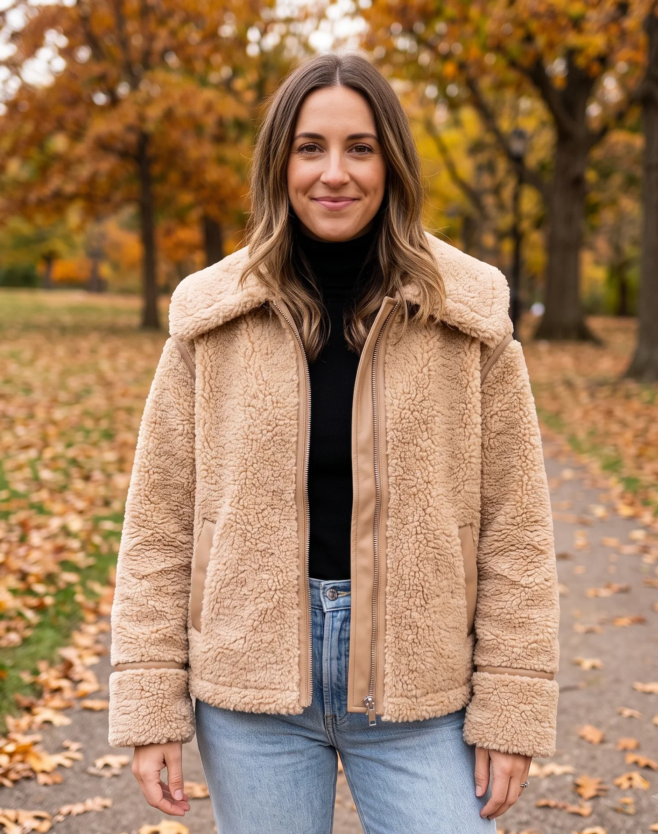 Wesson Women's Faux Shearling Jacket – Oversized Camel Teddy Coat with Leather Trim