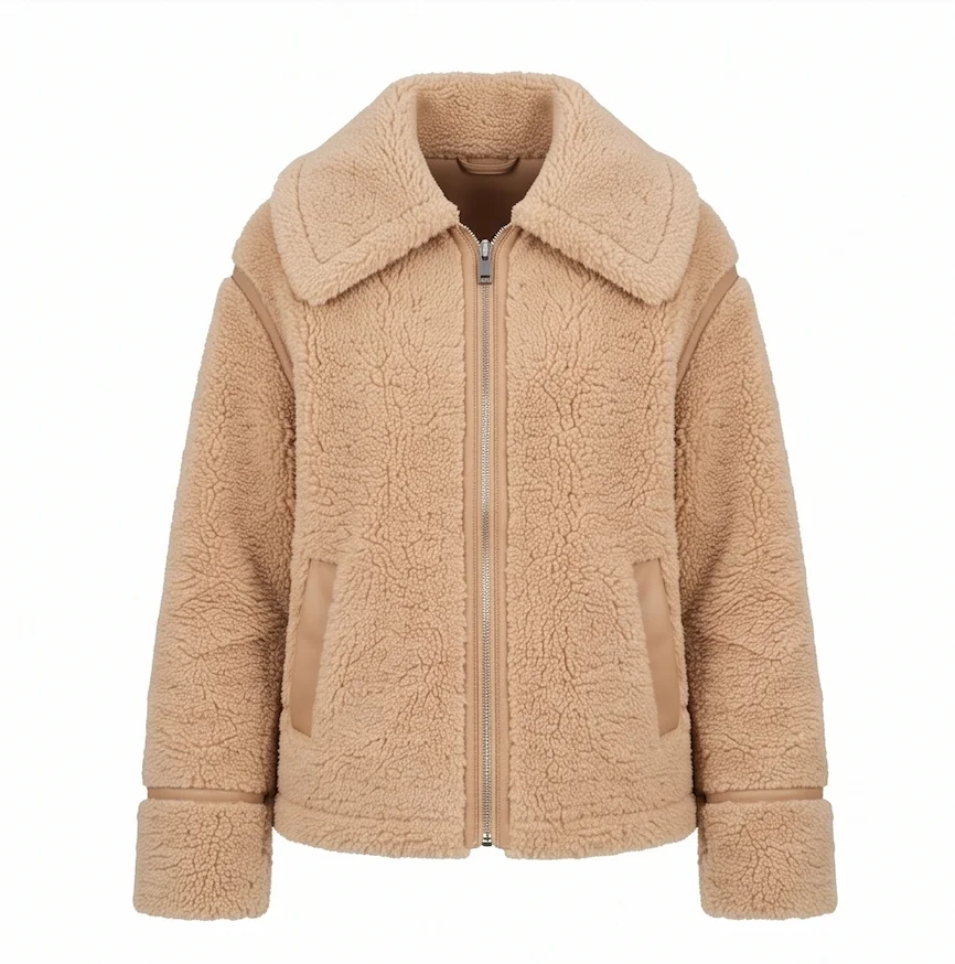 Wesson Women's Faux Shearling Jacket – Oversized Camel Teddy Coat with Leather Trim - Image 2