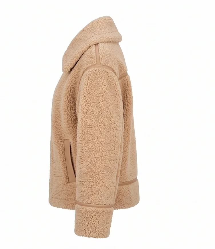 Wesson Women's Faux Shearling Jacket – Oversized Camel Teddy Coat with Leather Trim - Image 5