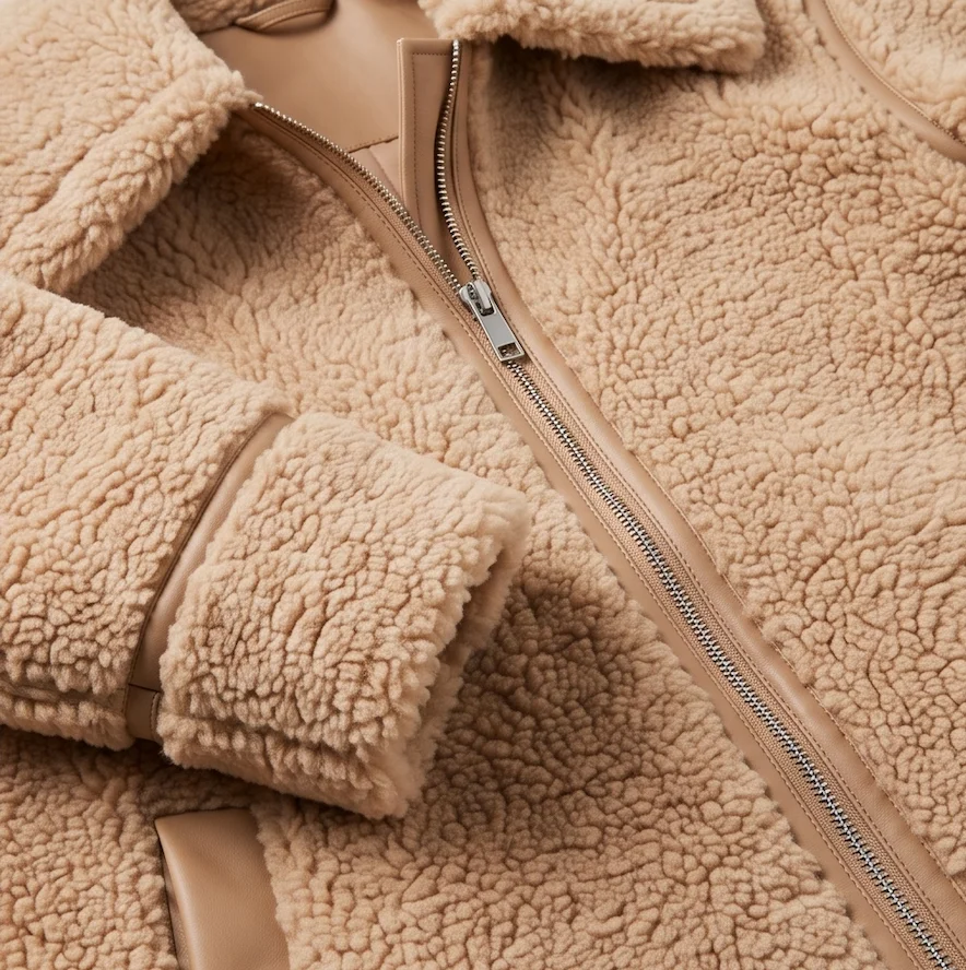 Wesson Women's Faux Shearling Jacket – Oversized Camel Teddy Coat with Leather Trim - Image 4