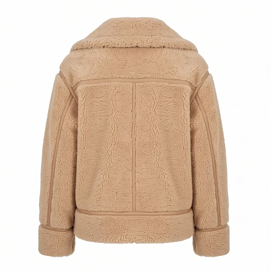 Wesson Women's Faux Shearling Jacket – Oversized Camel Teddy Coat with Leather Trim - Image 3