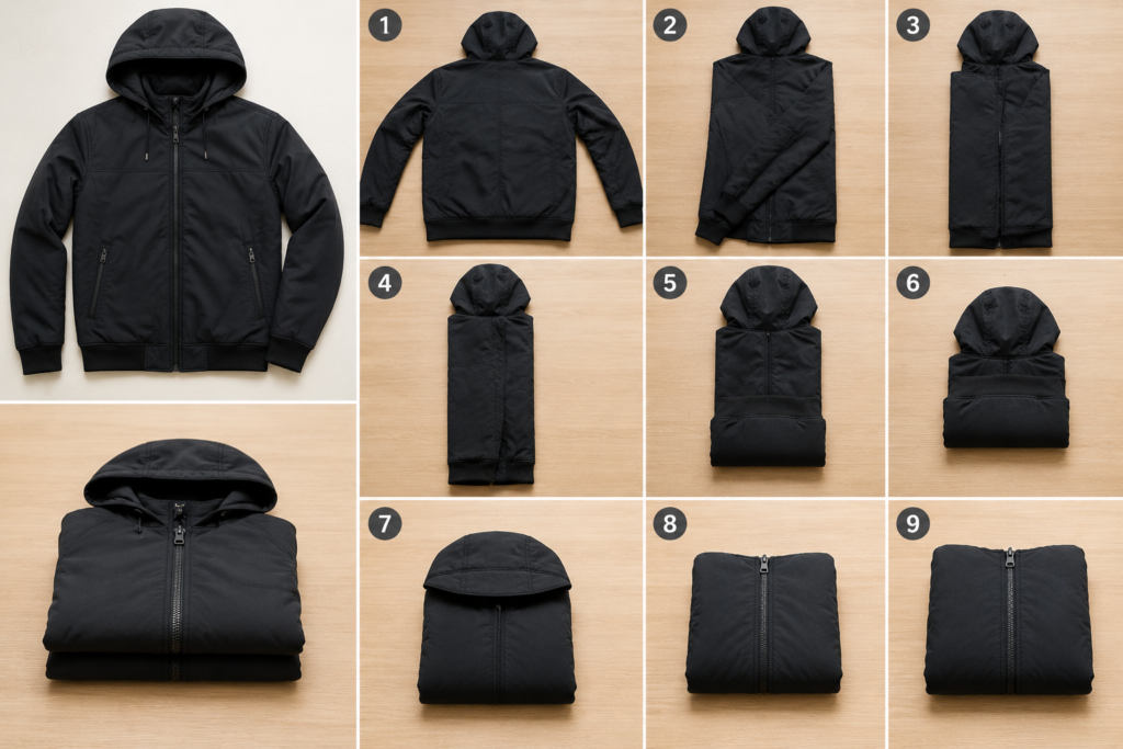 How to Fold a Jacket with a Hood and Zipper?