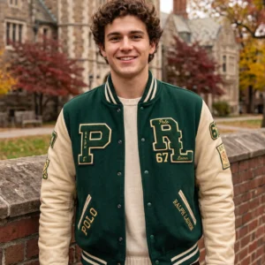 Men’s Green & Cream Wool Genuine Leather Varsity Jacket | Heritage Letterman Style