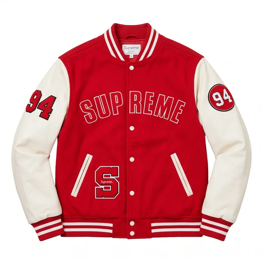 Men’s Red & Cream Wool Leather Varsity Jacket - Image 4