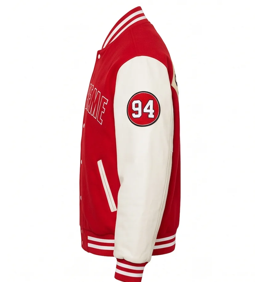 Men’s Red & Cream Wool Leather Varsity Jacket - Image 2