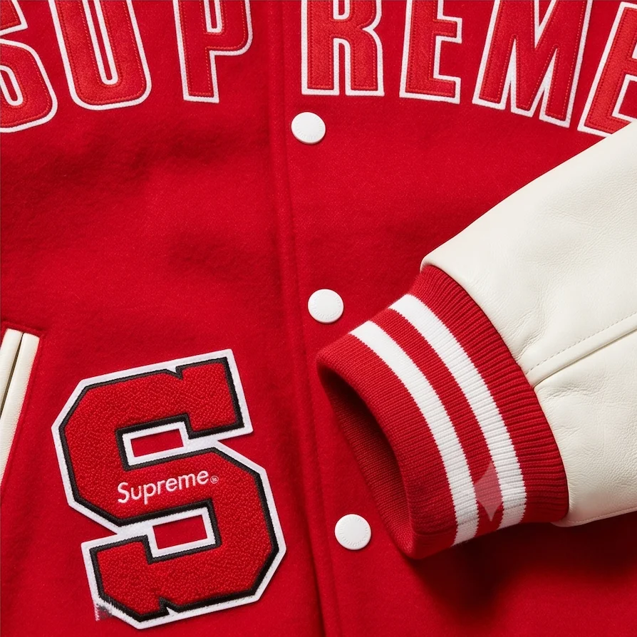 Men’s Red & Cream Wool Leather Varsity Jacket - Image 5