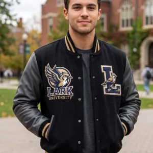 Men's Lark Varsity Jacket – Black Wool & Grey Leather Letterman Jacket