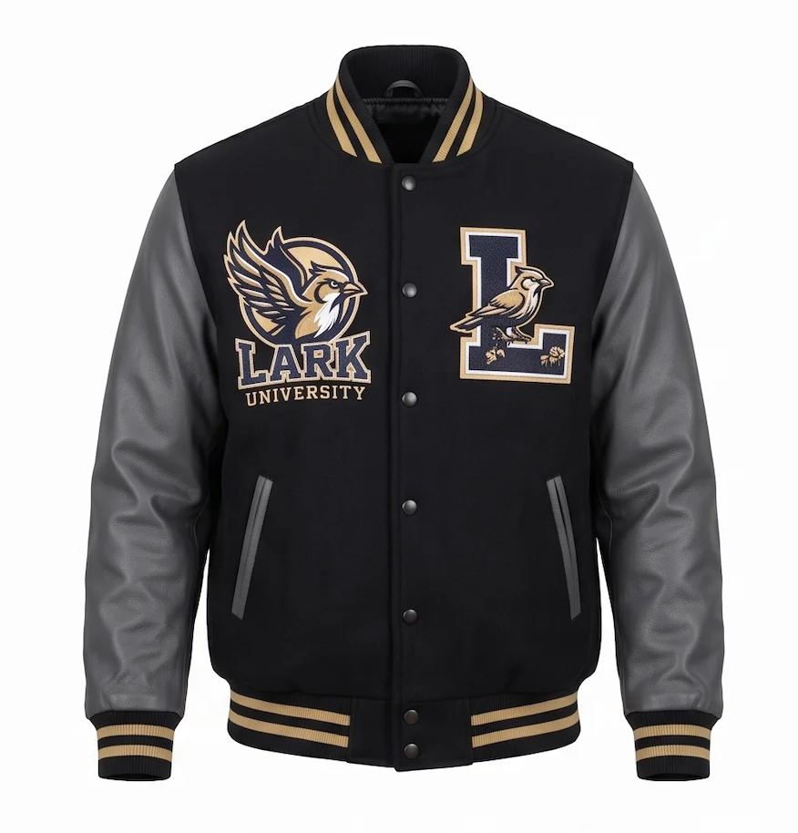 Men's Lark Varsity Jacket – Black Wool & Grey Leather Letterman Jacket - Image 2