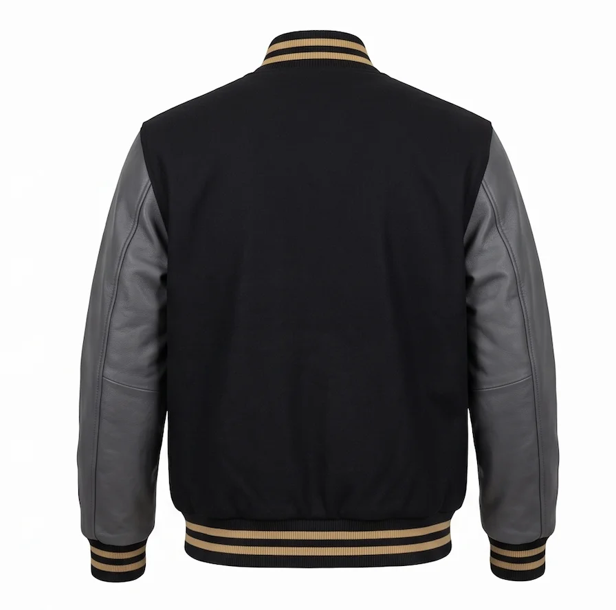 Men's Lark Varsity Jacket – Black Wool & Grey Leather Letterman Jacket - Image 3