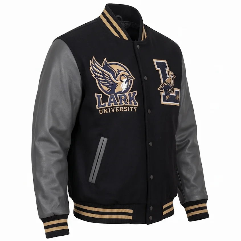 Men's Lark Varsity Jacket – Black Wool & Grey Leather Letterman Jacket - Image 5