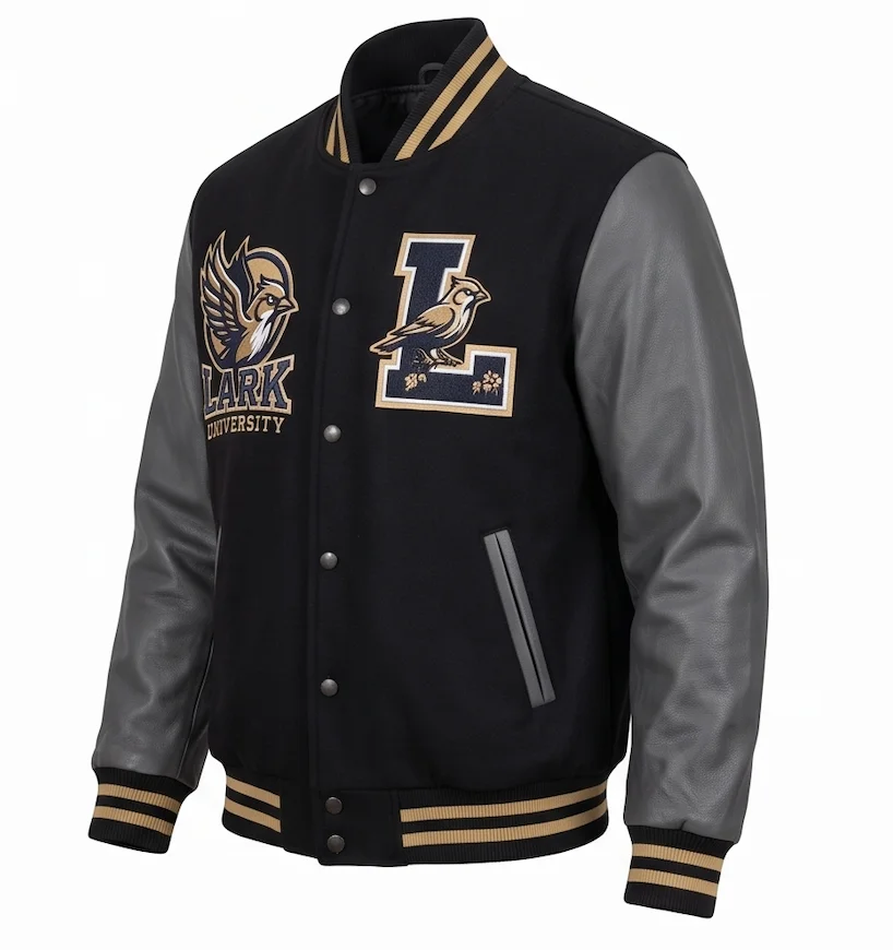 Men's Lark Varsity Jacket – Black Wool & Grey Leather Letterman Jacket - Image 4