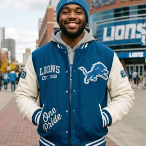 Men’s Detroit Lions Varsity Jacket – Honolulu Blue Wool & Off-White Leather Sleeves