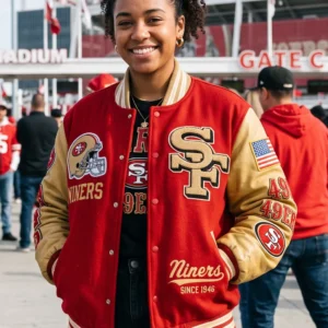 SF 49ers Vintage Varsity Leather Jacket | Red Wool & Gold Leather Bomber