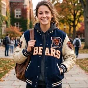 Chicago Bears Classic Navy & Cream Varsity Jacket with Genuine Leather Sleeves