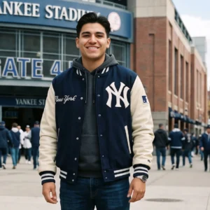New York Navy Blue Wool & Leather Varsity Jacket