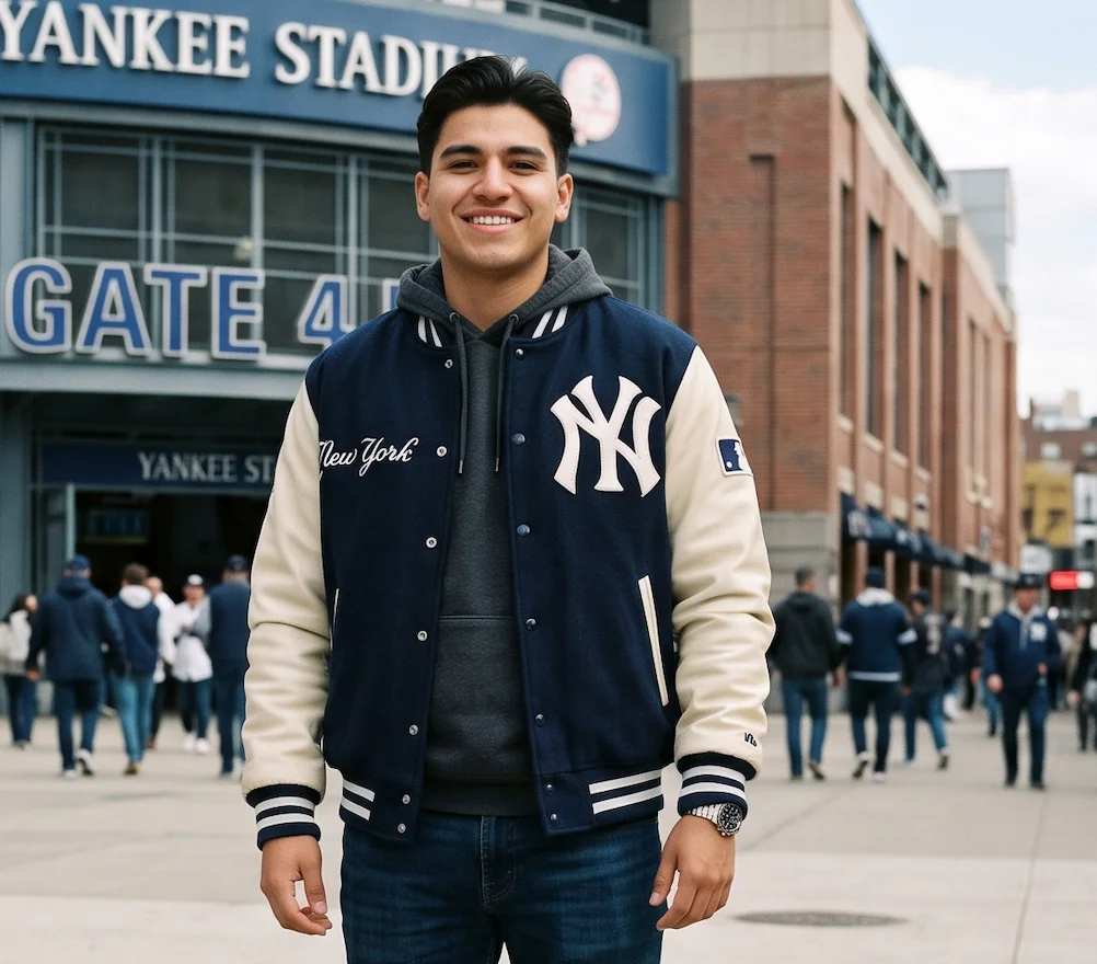 New York Navy Blue Wool & Leather Varsity Jacket