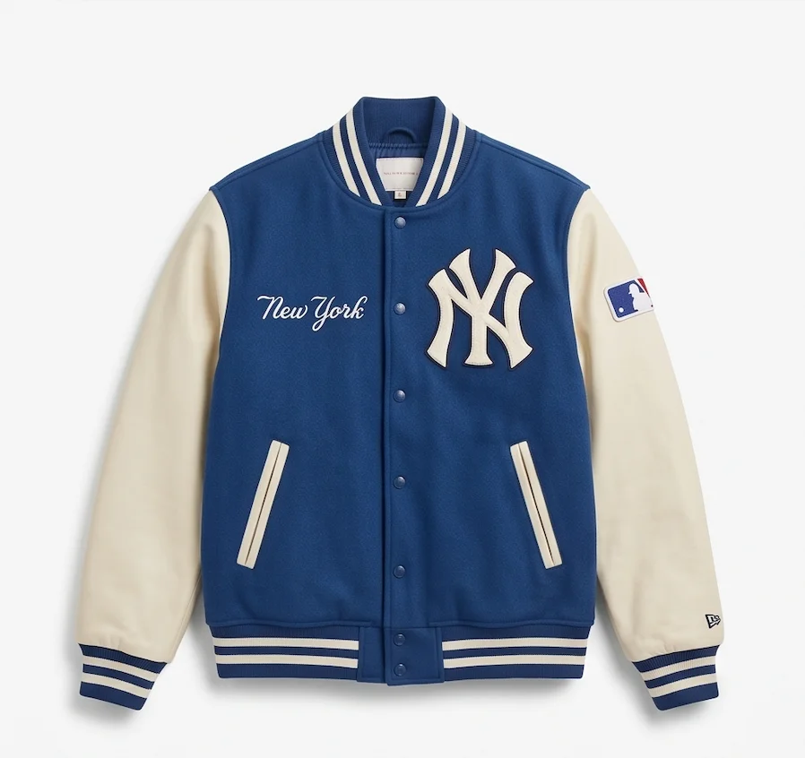 New York Navy Blue Wool & Leather Varsity Jacket - Image 2