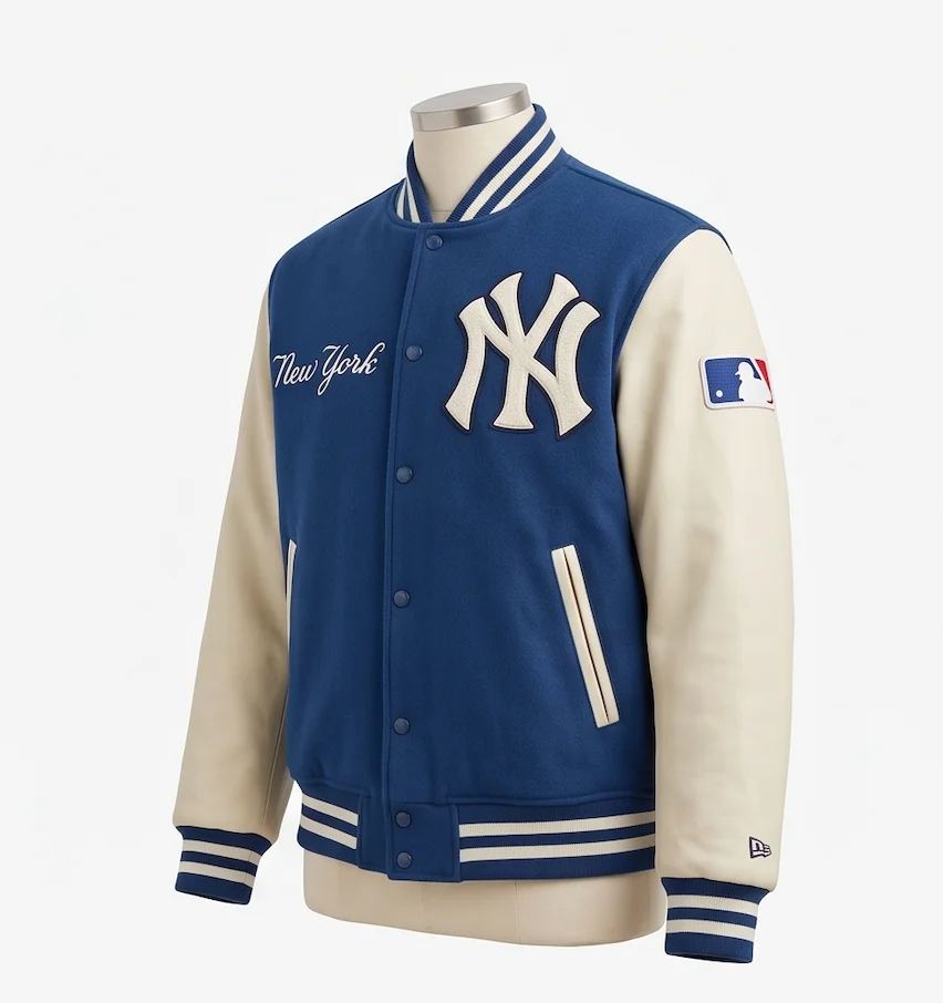 New York Navy Blue Wool & Leather Varsity Jacket - Image 5