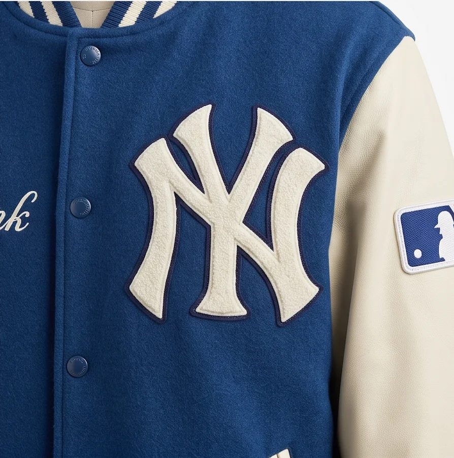 New York Navy Blue Wool & Leather Varsity Jacket - Image 4