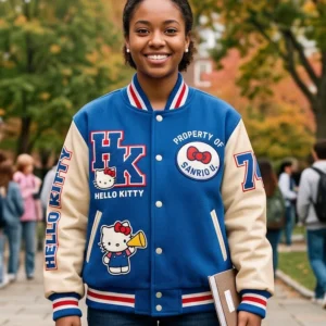 Hello Kitty "Sanrio U" Leather Sleeve Varsity Jacket – Royal Blue
