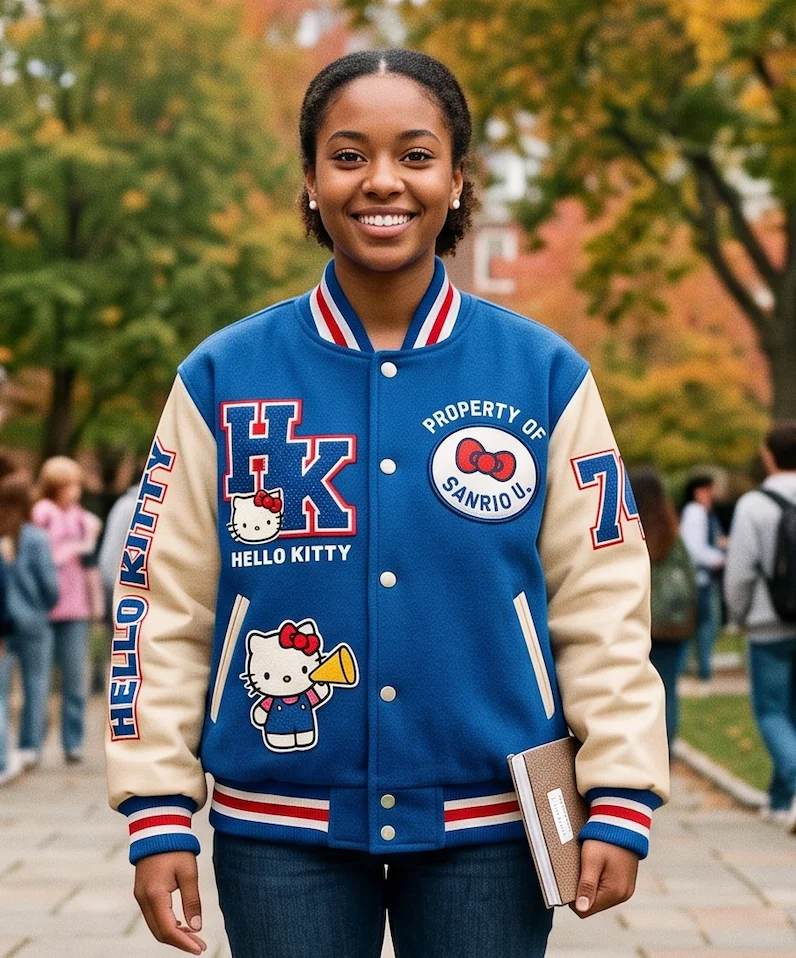 Hello Kitty "Sanrio U" Leather Sleeve Varsity Jacket – Royal Blue
