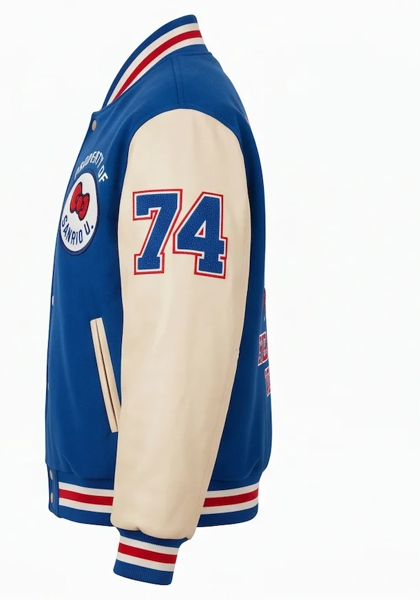 Hello Kitty "Sanrio U" Leather Sleeve Varsity Jacket – Royal Blue - Image 5