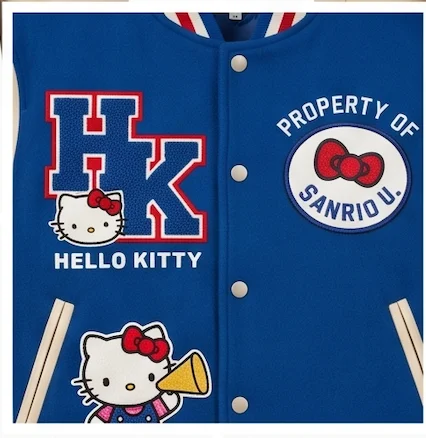 Hello Kitty "Sanrio U" Leather Sleeve Varsity Jacket – Royal Blue - Image 4