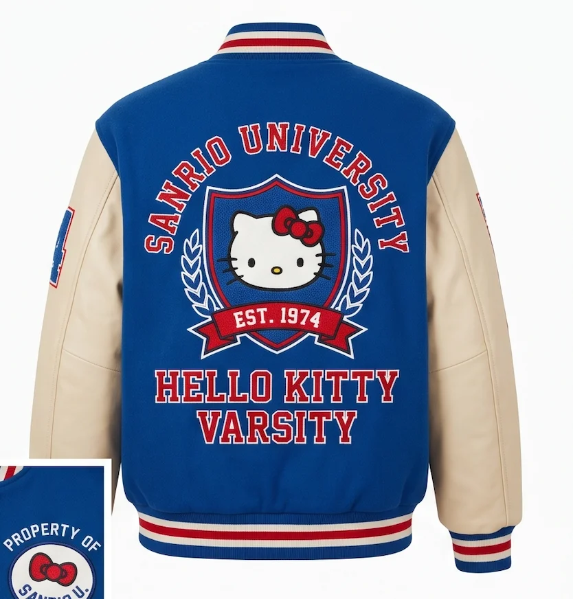 Hello Kitty "Sanrio U" Leather Sleeve Varsity Jacket – Royal Blue - Image 3